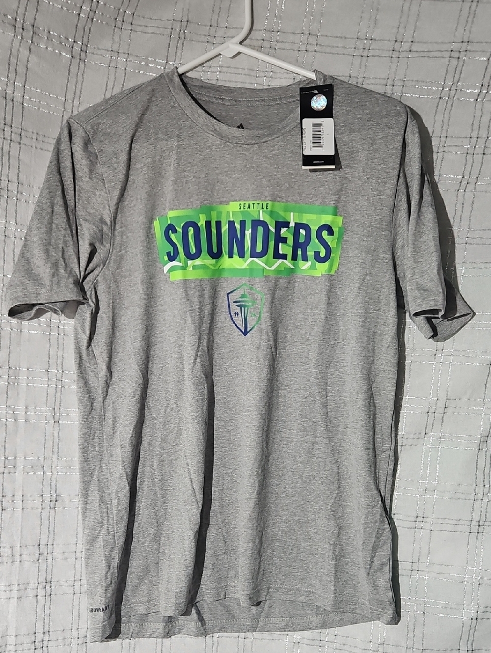 NEW Adidas Gray Seattle Sounders T-Shirt Green and Blue 2 Sided Size Small